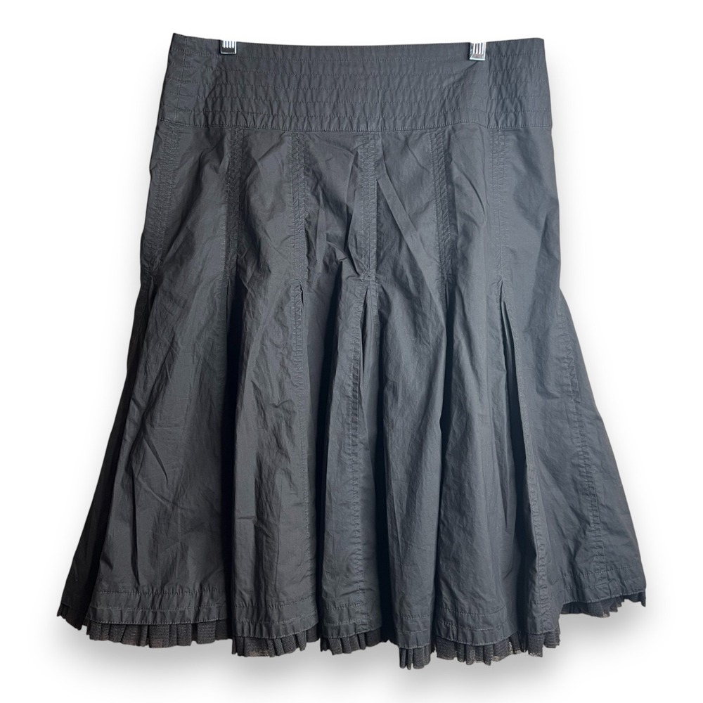 Womens Brown Cotton A-Line Pleated Flared Midi Skirt Tulle Trim Boho Romantic‎ S